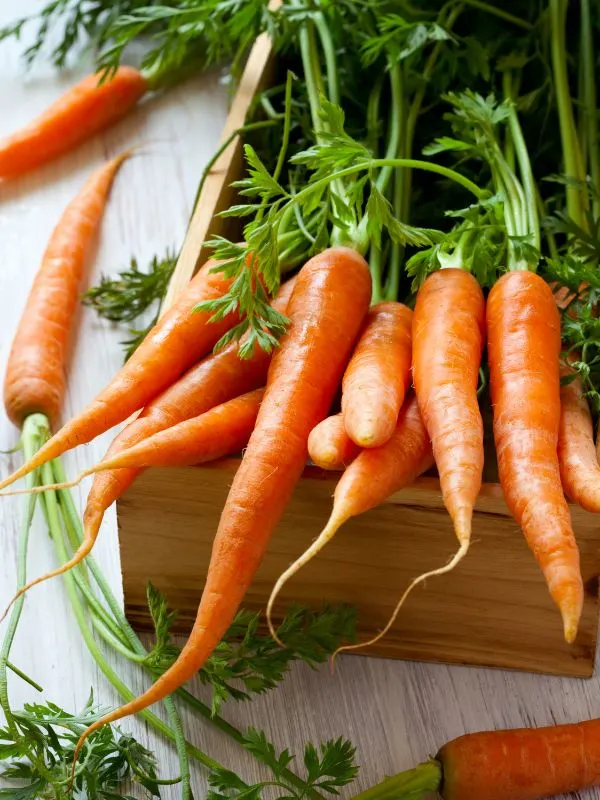 fresh carrots in a wooden box for the marinated carrots recipe