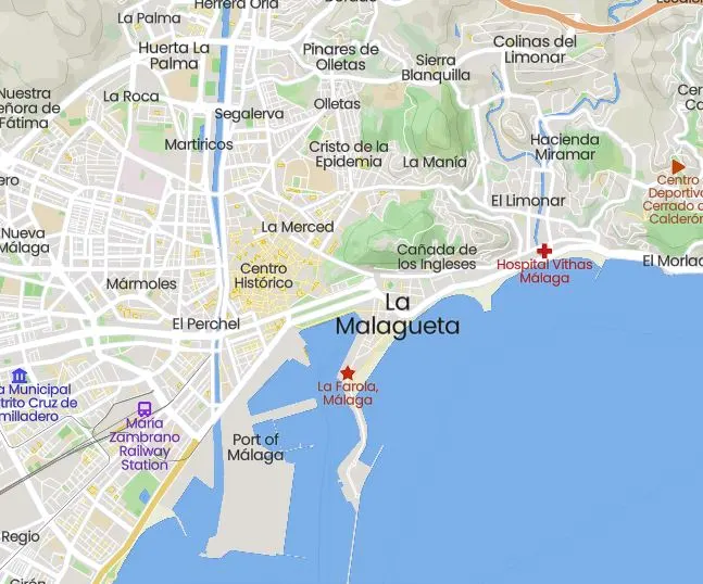 map of La Malagueta district in Malaga. Where to Buy Properties in Malaga City