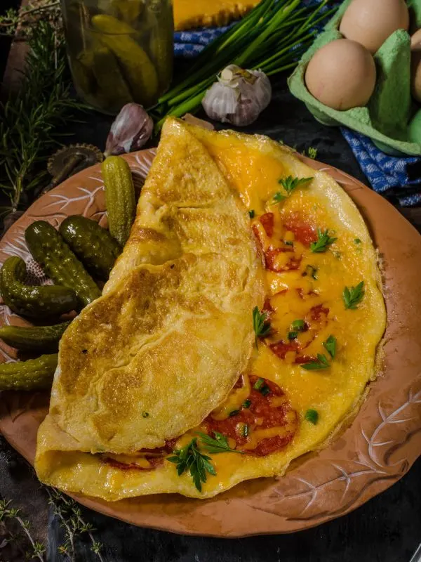 spanish omelette with chorizo on a plate with pickles and eggs next to it. - Easy Spanish Omelette with Chorizo Recipe