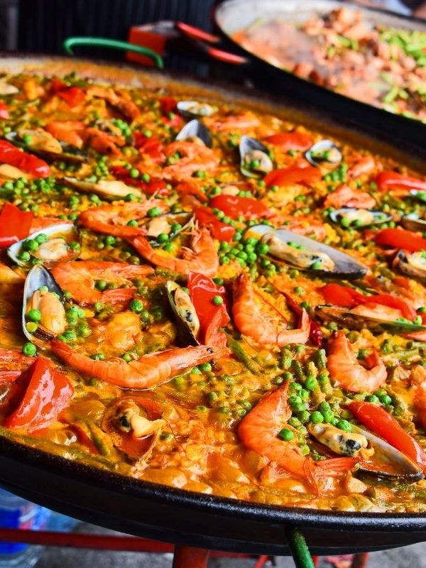 spanish paella in a traditional pan