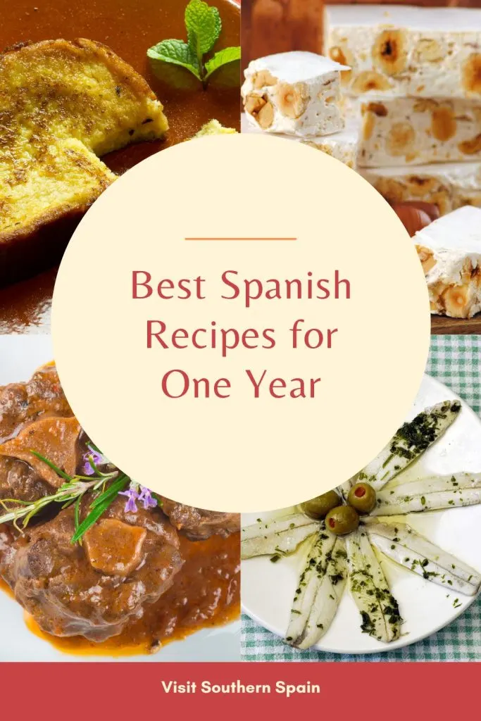 4 photos depicting spanish recipes for an entire year. In the middle it's written est spanish recipes for one year.