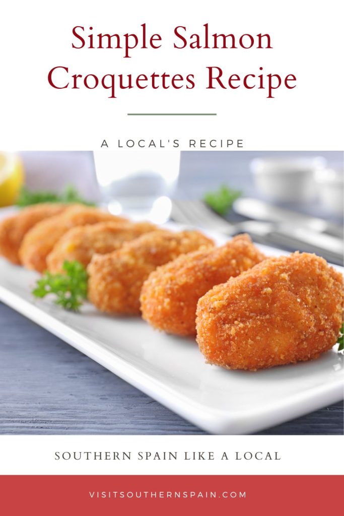 salmon croquettes on serving plate. On top it's written Simple Salmon croquettes recipe.