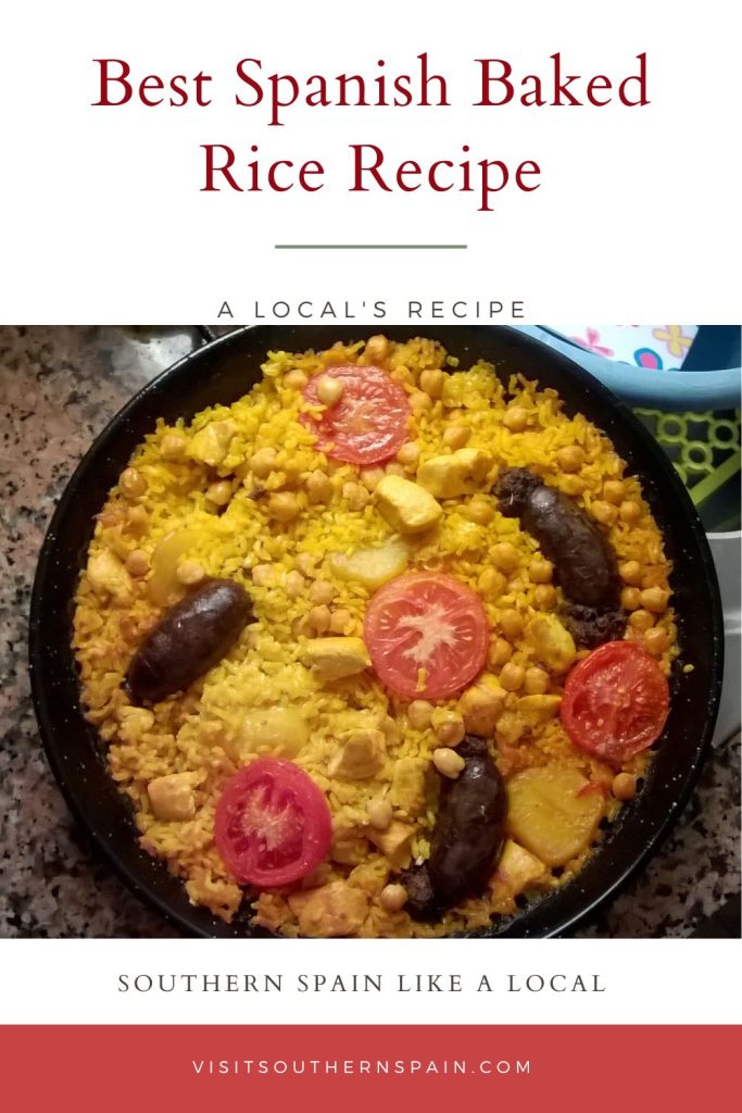 spanish baked rice in a pot. On top it's written best Spanish baked rice recipe.