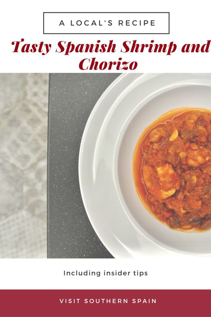 a dish of shrimp and chorizo. On top it's written Tasty Spanish shrimp and chorizo.