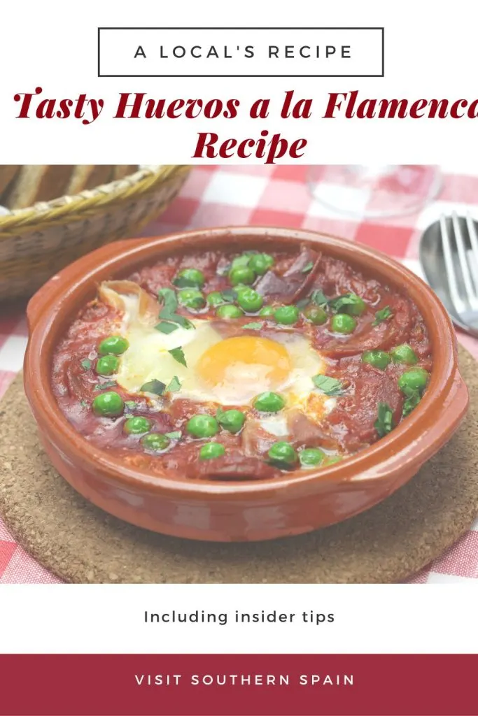 flamenco eggs in a clay bowl. On top it's written Tasty huevos a la flamenco recipe.