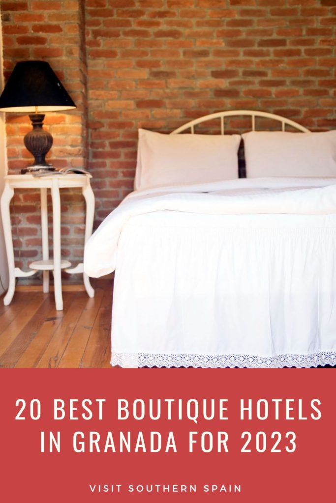 a bed in a boutique hotel. Under it's written 20 best boutique hotels in granada for 2023.