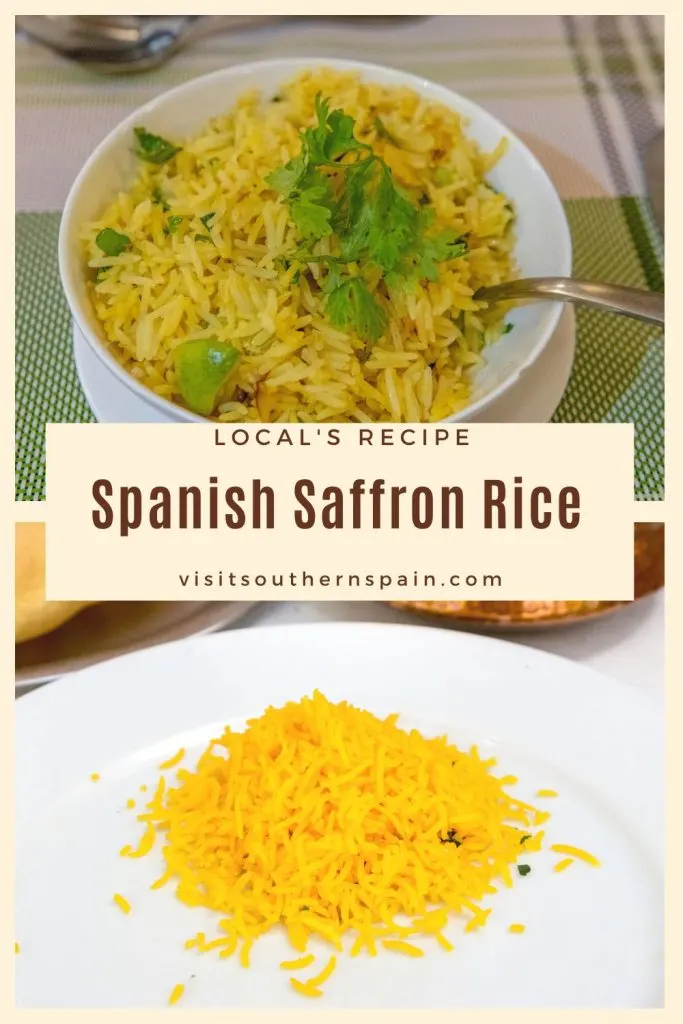 2 photos with saffron rice. In the middle it's written Spanish saffron rice.