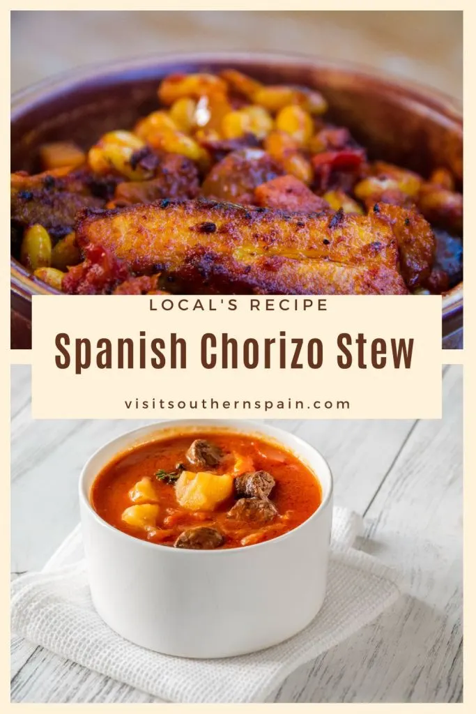 2 photos with chorizo stew and in the middle it's written Spanish chorizo stew.