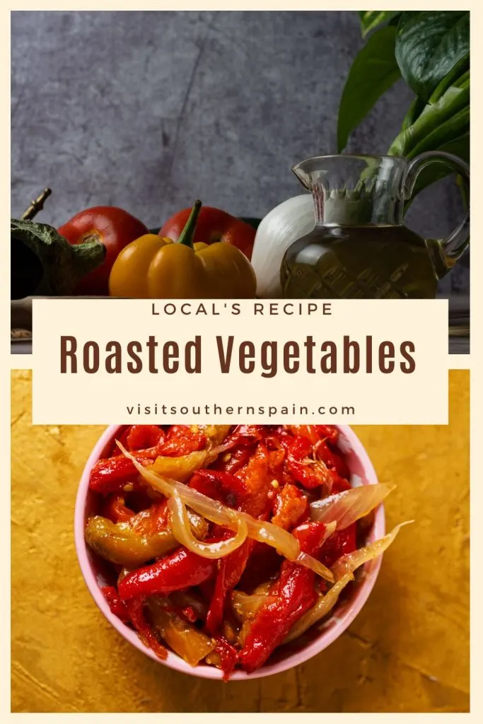 2 photos related to roasted vegetables. In the middle it#s written roasted vegetables. 