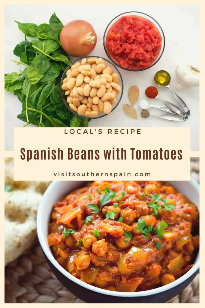 2 photos with spanish beans and in the middle it's written Spanish beans with tomatoes.