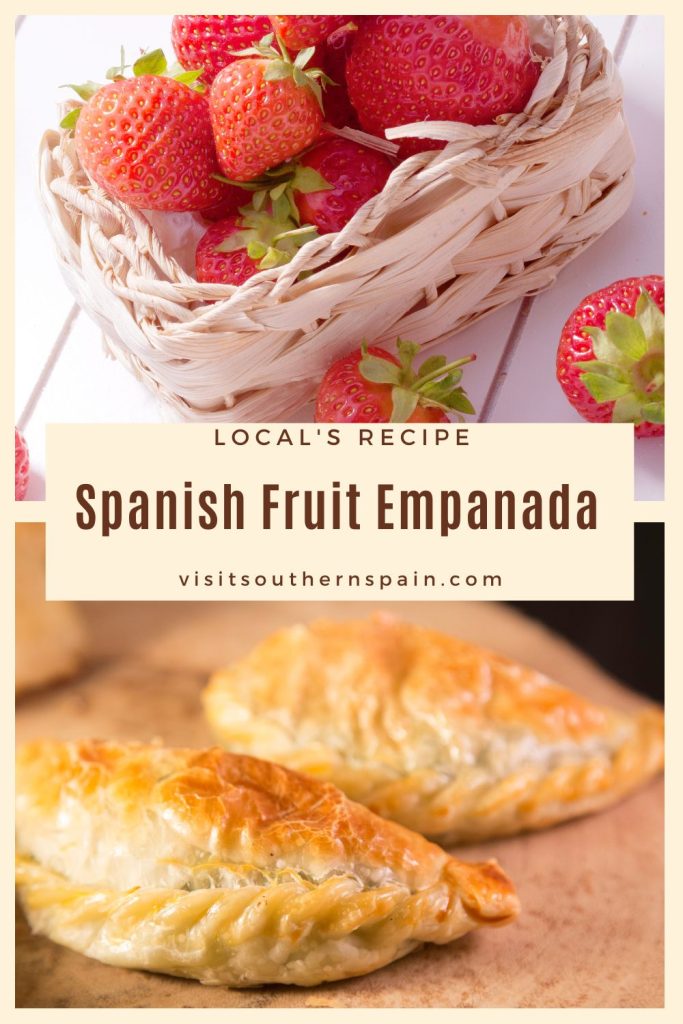 2 photos related to fruit empanadas, one with strawberries and one with empanada. In the middle it's written spanish fruit empanada.