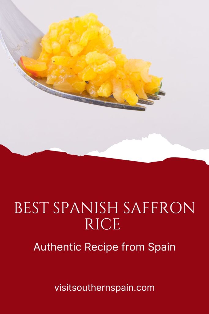 saffron rice in a fork. Under it's written Best Spanish saffron rice.