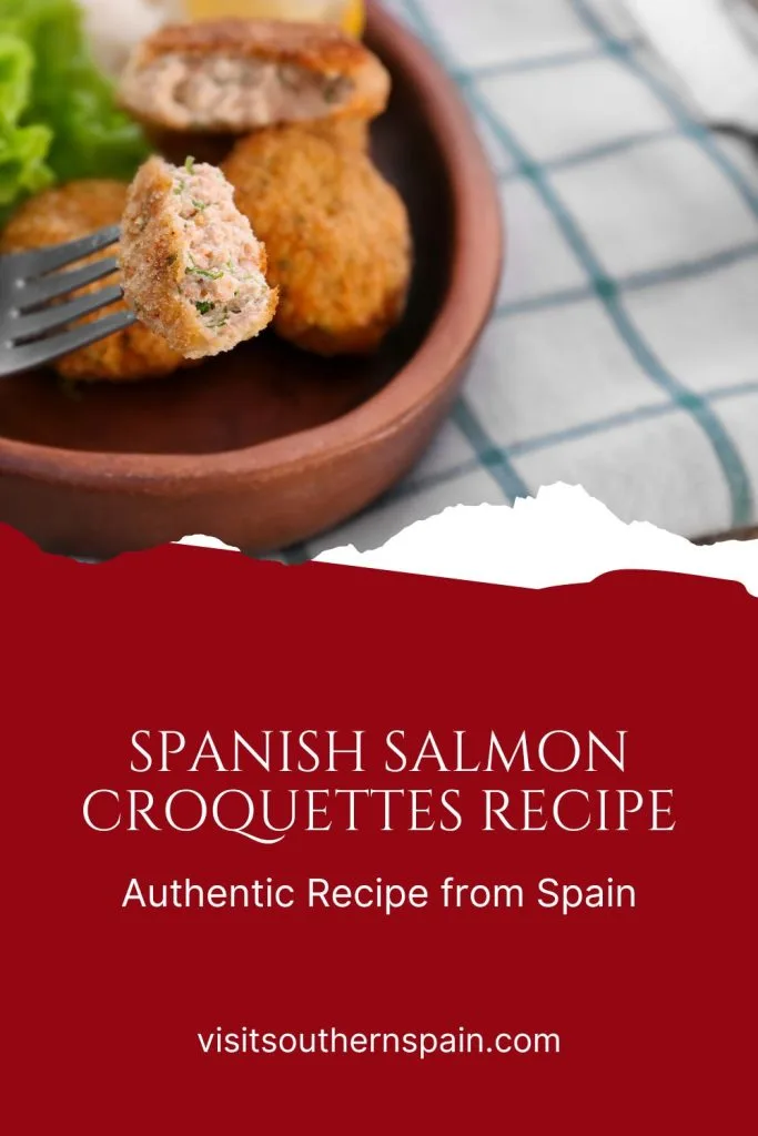 closeup with a salmon croquette in fork. Under it's written Spanish salmon croquettes recipe.