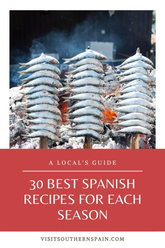 grilled sardines on the beach. Under it's written 30 best spanish recipes for each season. 