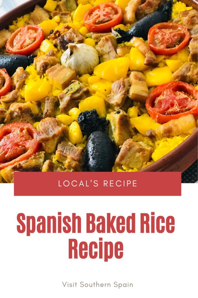 closeup with baked rice. Under it it's written Spanish baked rice recipe.