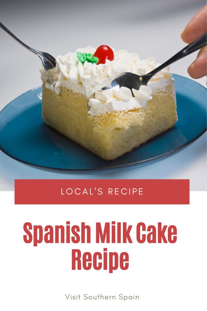 milk cake on a plate with 2 teaspoons in it. Under it's written Spanish milk cake. 