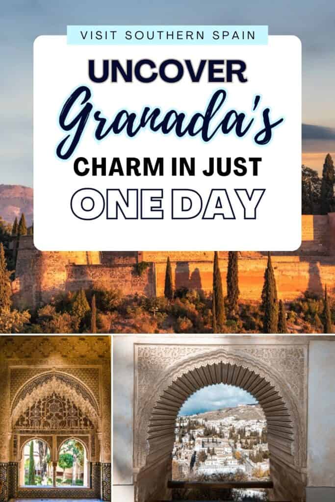 Both photos show different archways in Alhambra. It is shown how beautiful it is. Top photo shows a castle like looking building is sitting high. The sun is shining brightly on it. It has some tall trees between and its sides.
