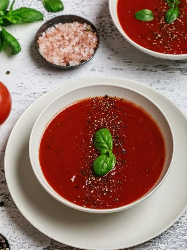 bloody mary gazpacho in 2 bowls with fresh tomato and basil next to them