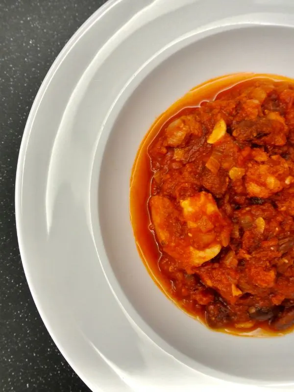 spanish chorizo and shrimp in a white plate. Tasty Spanish Shrimp and Chorizo Recipe