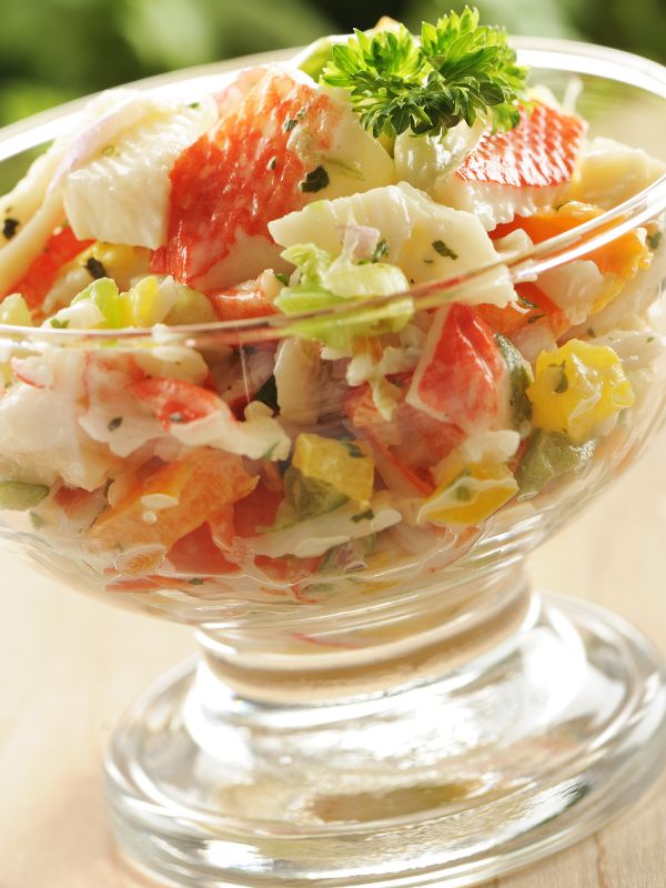 spanish seafood salad in a glass bowl.