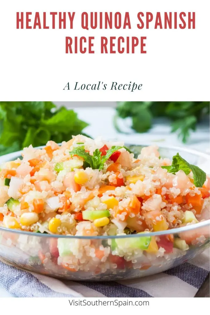 a pin with quinoa rice and on top it's written healthy quinoa spanish rice recipe. 