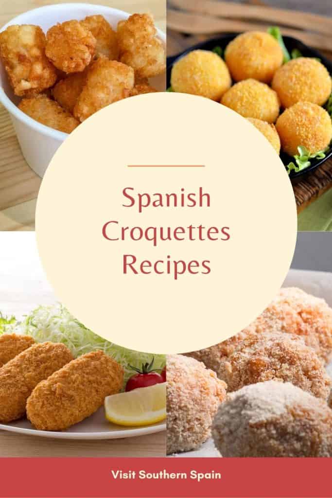 a pin with 4 different photos of Spanish croquettes. In the middle it's written Spanish croquettes recipes.