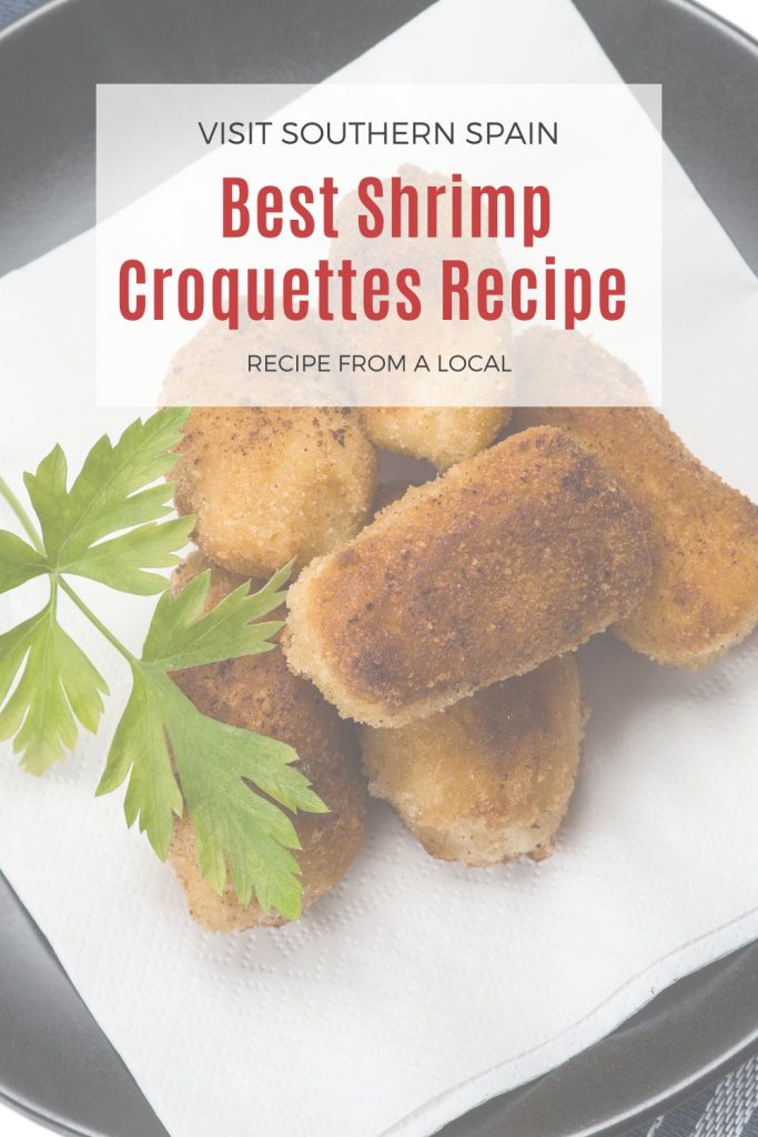 croquettes on a white plate. On top it's written best shrimp croquettes recipe.
