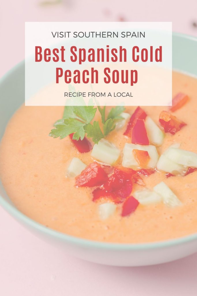 closeup with peach gazpacho. On top it's written best spanish cold peach soup.