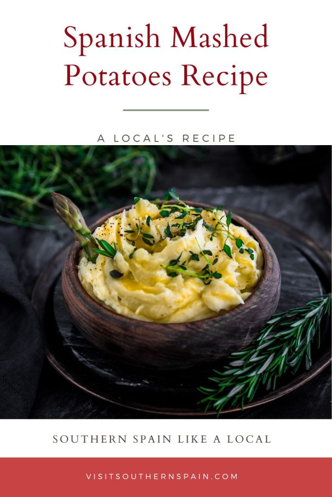 a bowl of mashed potatoes with fresh herbs next to it. On top it's written Spanish mashed potatoes recipe.