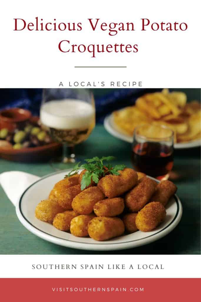 a pin with vegan croquettes recipe served on a white plate.