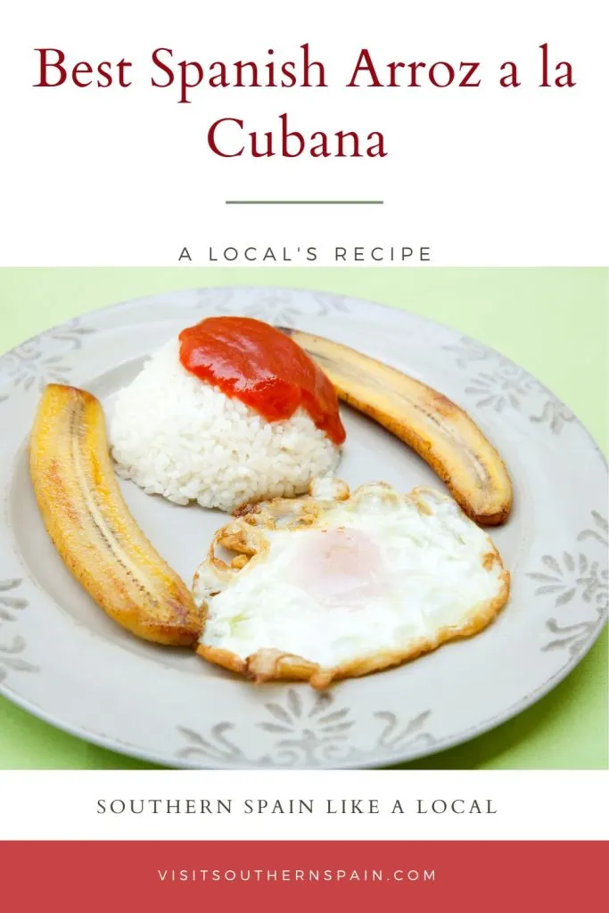 cuban rice with rice, eggs and fried banana. On top it's written best spanish arroz a la cubana.
