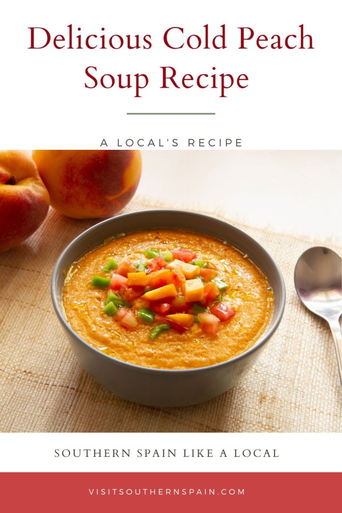 peach gazpacho in a bowl with peaches next to it. On top it's written delicious cold peach soup recipe.