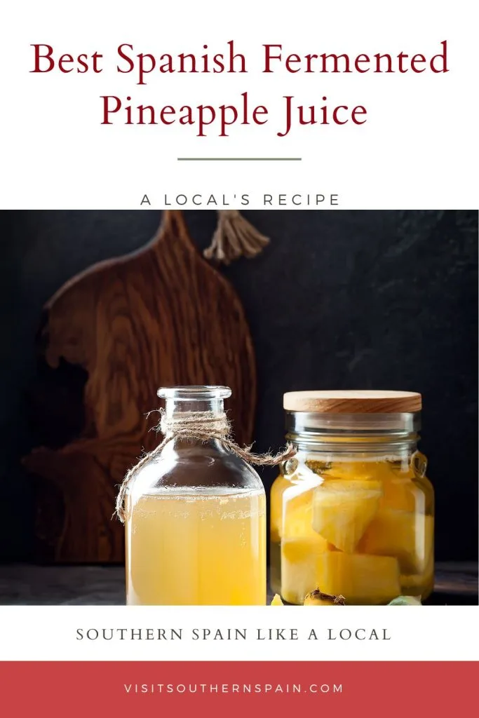 pineapple tepache in 2 jars. On top it's written best spanish fermented pineapple juice.