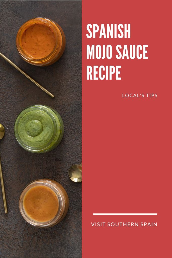 3 types of mojo sauce on a black surface. On the right it's written Spanish mojo sauce recipe.