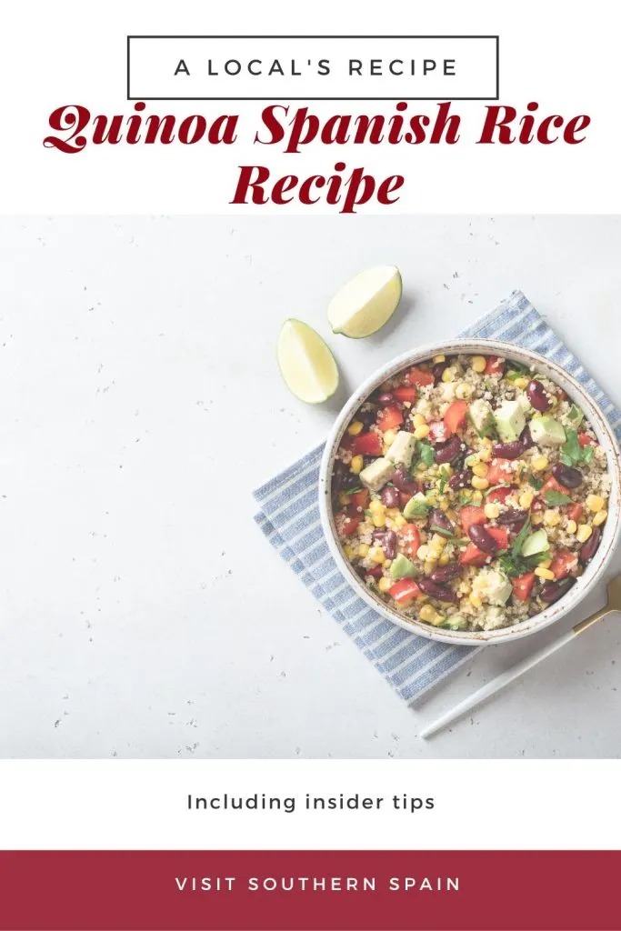 a pin with a bowl of quinoa on a kitchen table. On top it's written quinoa spanish rice recipe.