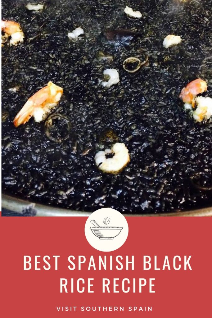closeup with black rice and under it it's written best spanish black rice recipe. 