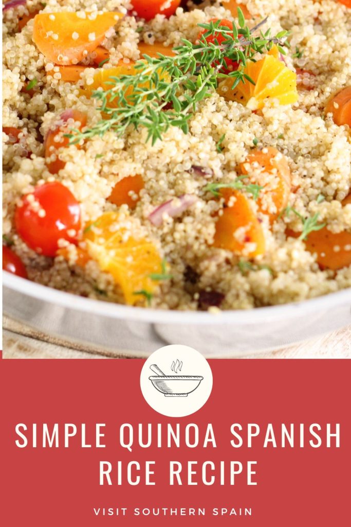 closeup with a bowl of quinoa. Under it's written simple quinoa spanish rice recipe.
