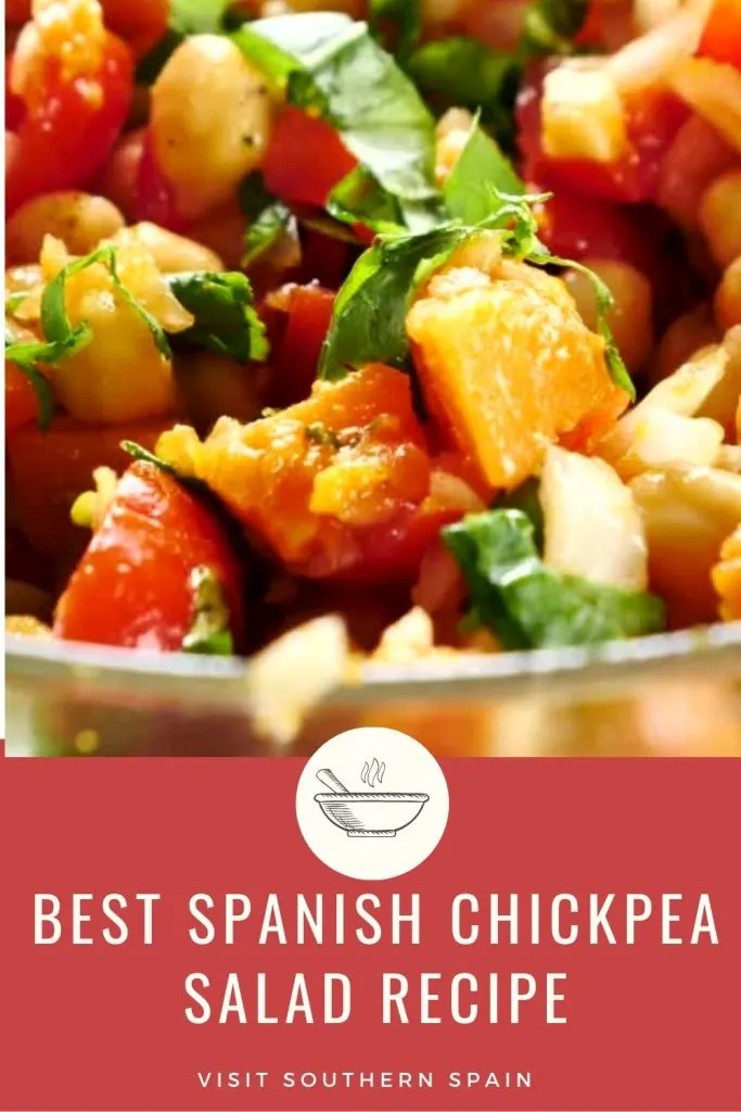 Closeup with chickpea salad. Under it~s written best spanish chickpea salad recipe.