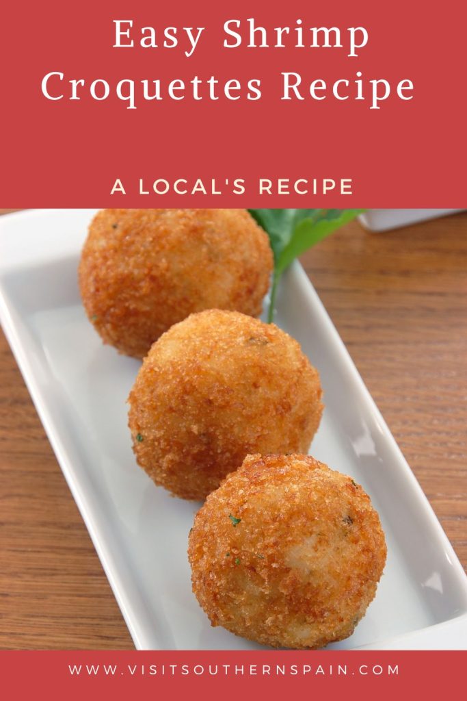 3 croquettes on a plate. On top it's written easy shrimp croquettes recipe.