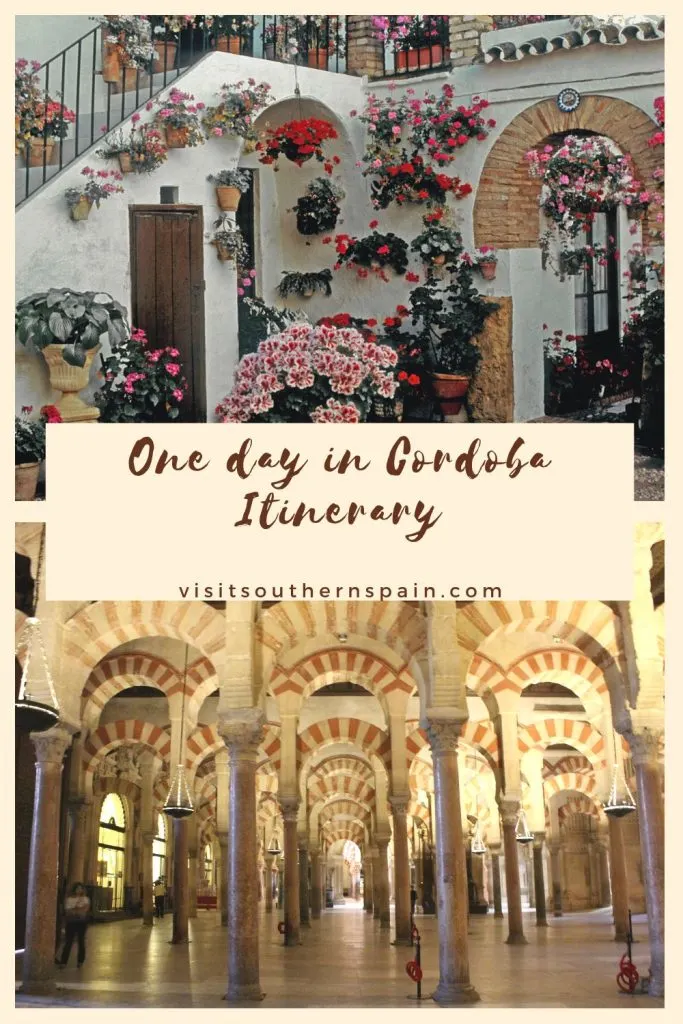 2 photos depicting things to do in Cordoba, like vising the Synagogue and colorful patios. In the middle it's written One day in Cordoba Itinerary.