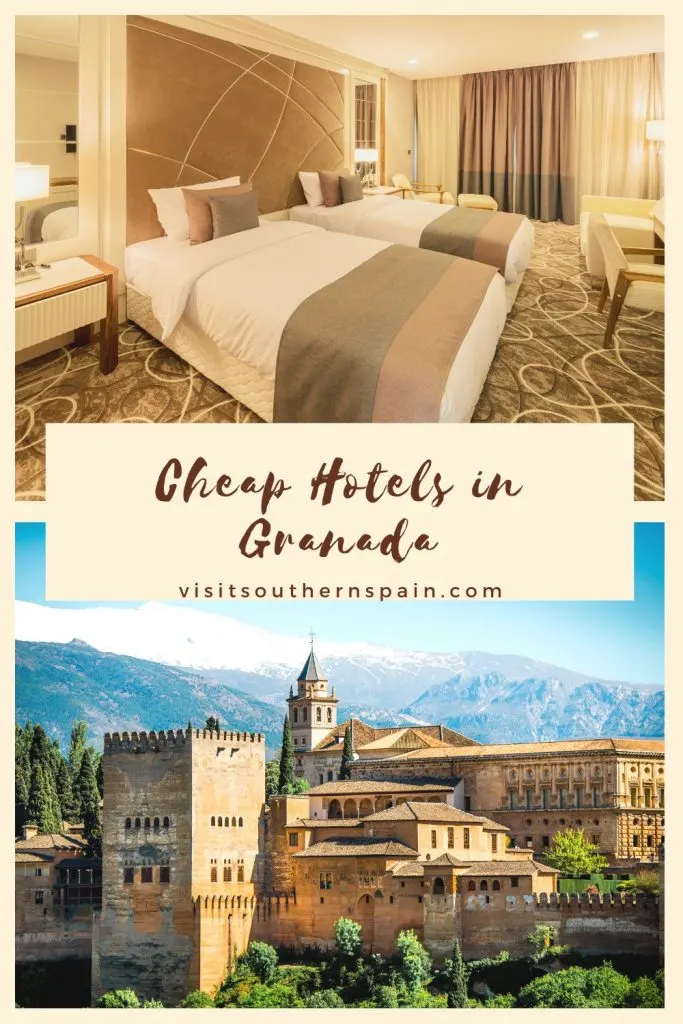 one photo with a hotel room and one photo with Alhambra in Granada. In the middle it's written Cheap hotels in granada. 