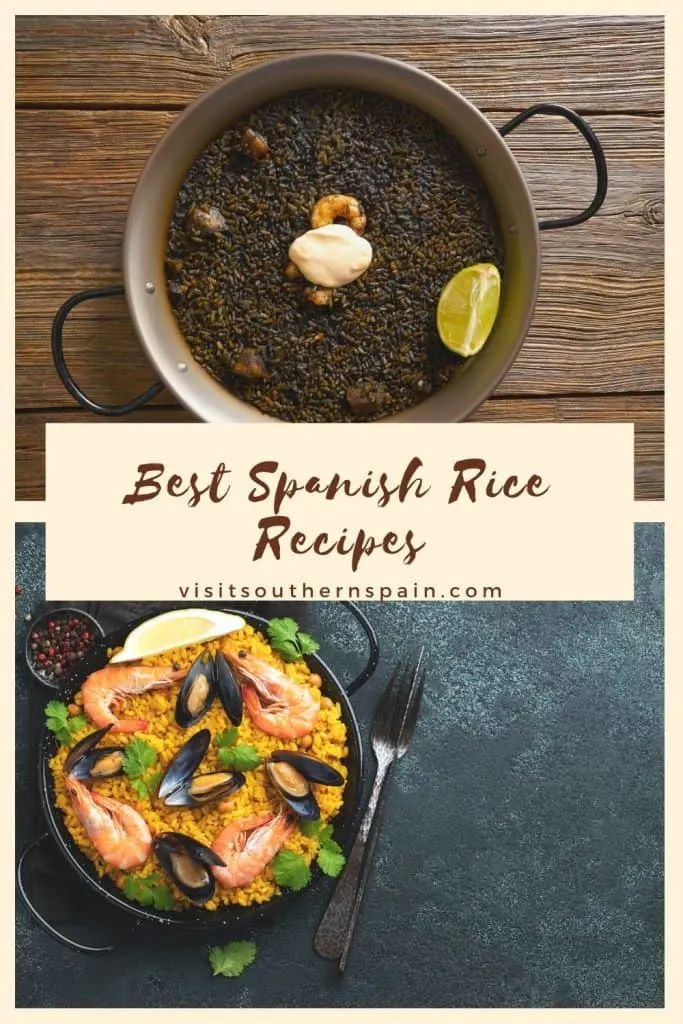 a pin with 2 photos of spanish black paella and classic paella.