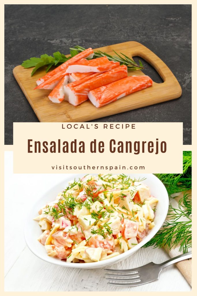 1 photo with crab sticks and 1 photo with crab salad. In the middle it's written ensalada de cangrejo.