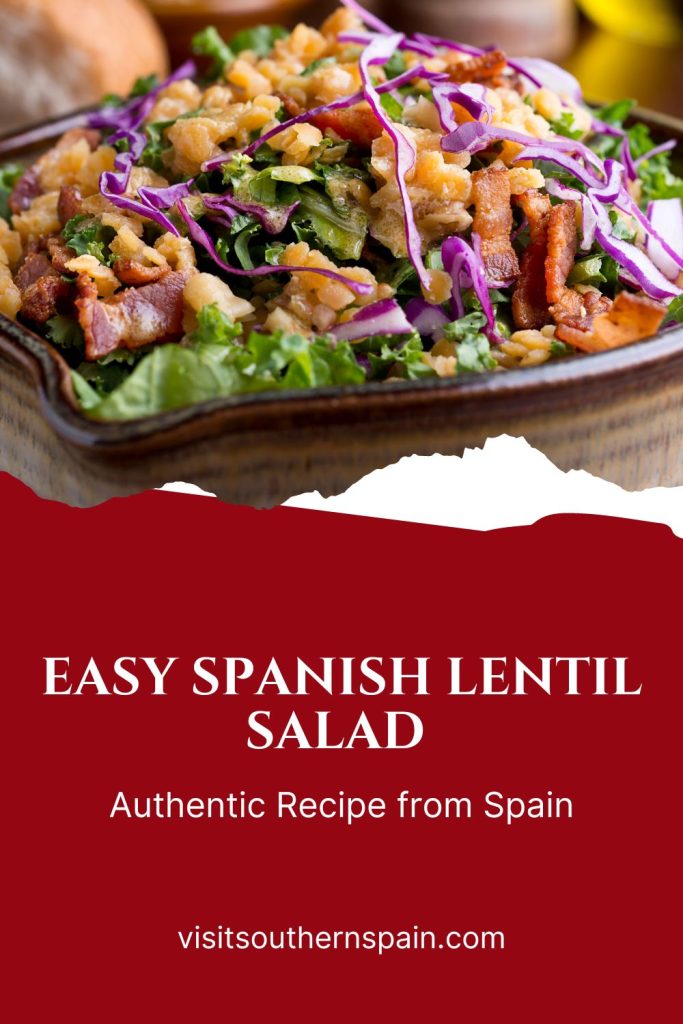 lentil salad served in a clay bowl. Under it's written Easy Spanish lentil salad.