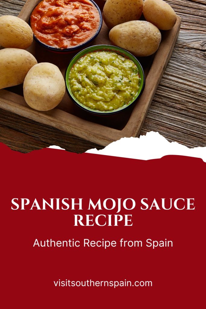 2 types of mojo sauce served with wrinkled potatoes. Under it's written Spanish mojo sauce recipe. 