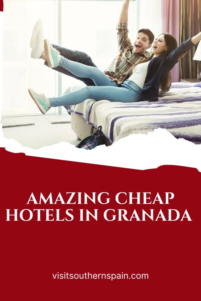 couple having fun in a hotel room. Under it's written amazing cheap hotels in granada.