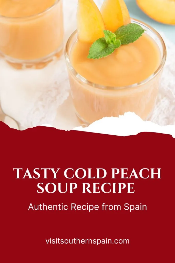 peach gazpacho in glasses. Under it's written tasty cold peach soup recipe.