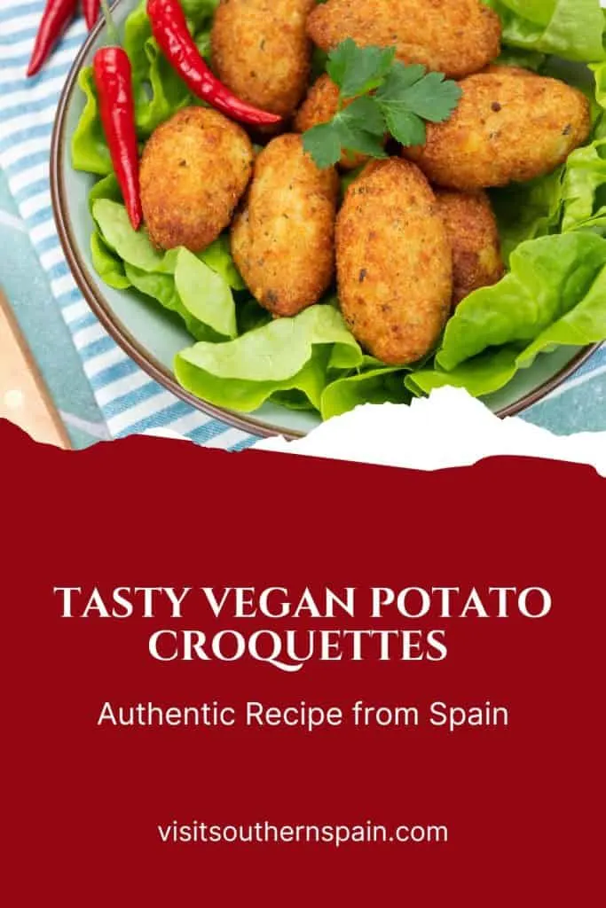 a pin with vegan potato croquettes on salad.