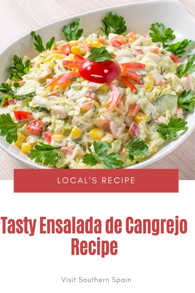 crab salad in a bowl. Under it's written tasty ensalada de cangrejo recipe. 