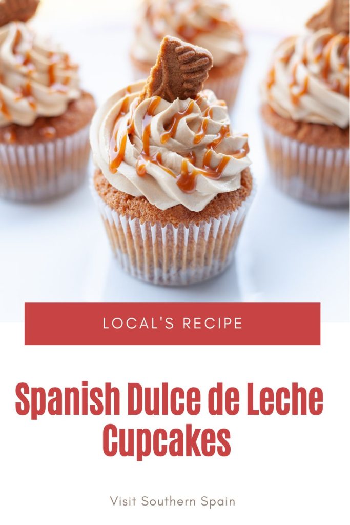 dulce de leche cupcapes decorated with biscuits. Under it's written spanish dulce de leche cupcakes.